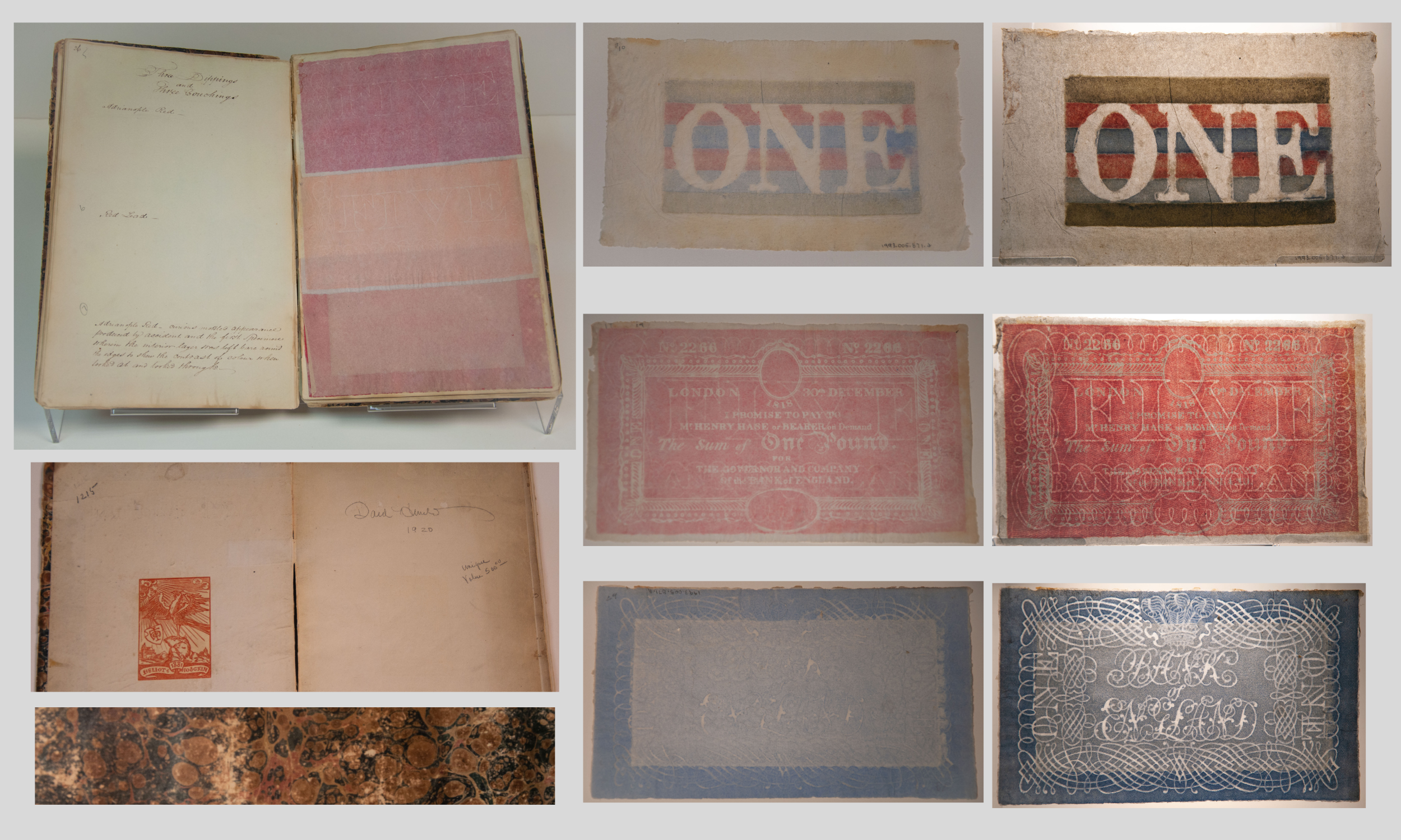 Photo collage of the Congreve workbook. Clockwise from the upper left corner: A spread of the workbook with cursive notations at the top and bottom of a mostly blank left page and three pasted watermark samples on papers that are shades of pink and peach. Natural tan paper with the word ONE in capital letters on a background of horizontal green, red, blue, red, blue, green stripes. Below these are red one pound and red five pound notes followed by blue one pound notes. All with calligraphic decorative curly patterns created by watermarks. And the final two photos show the interior signature showing that the book belonged to Dard Hunter 1920, Unique Value $500.00 and the marbled cover.