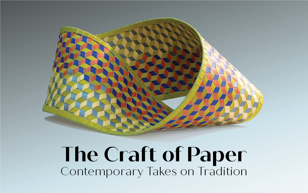 Web banner for The Craft of Paper. A woven paper form in orange, yellows, and blues that is looped to create a mobius shape by Dorothy McGuiness. 