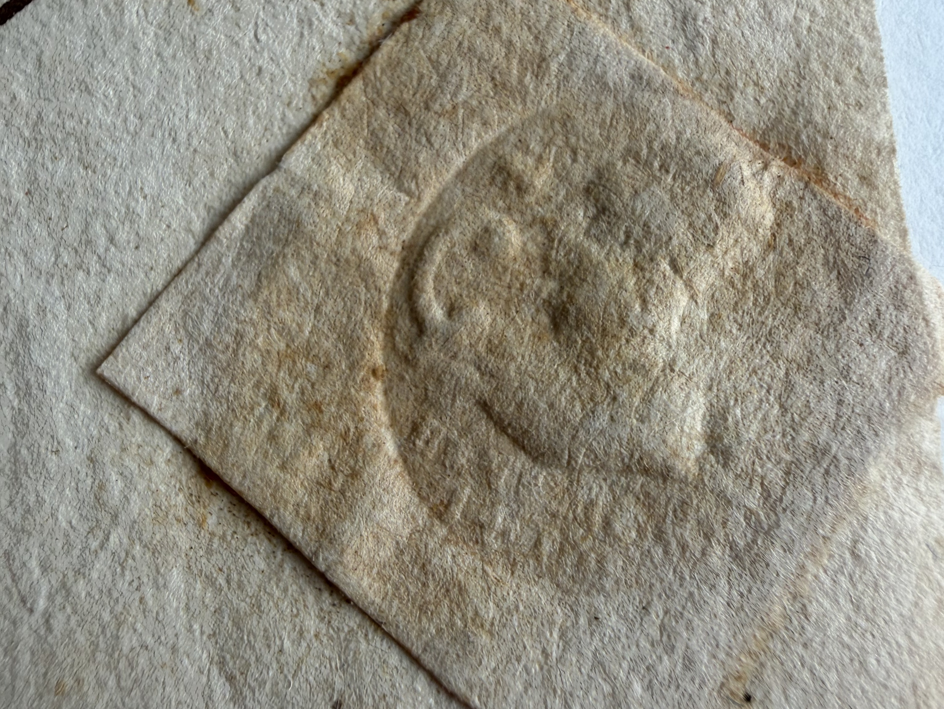 Slightly aged embossed seal on tan paper. The seal looks like a man with a curled hook.