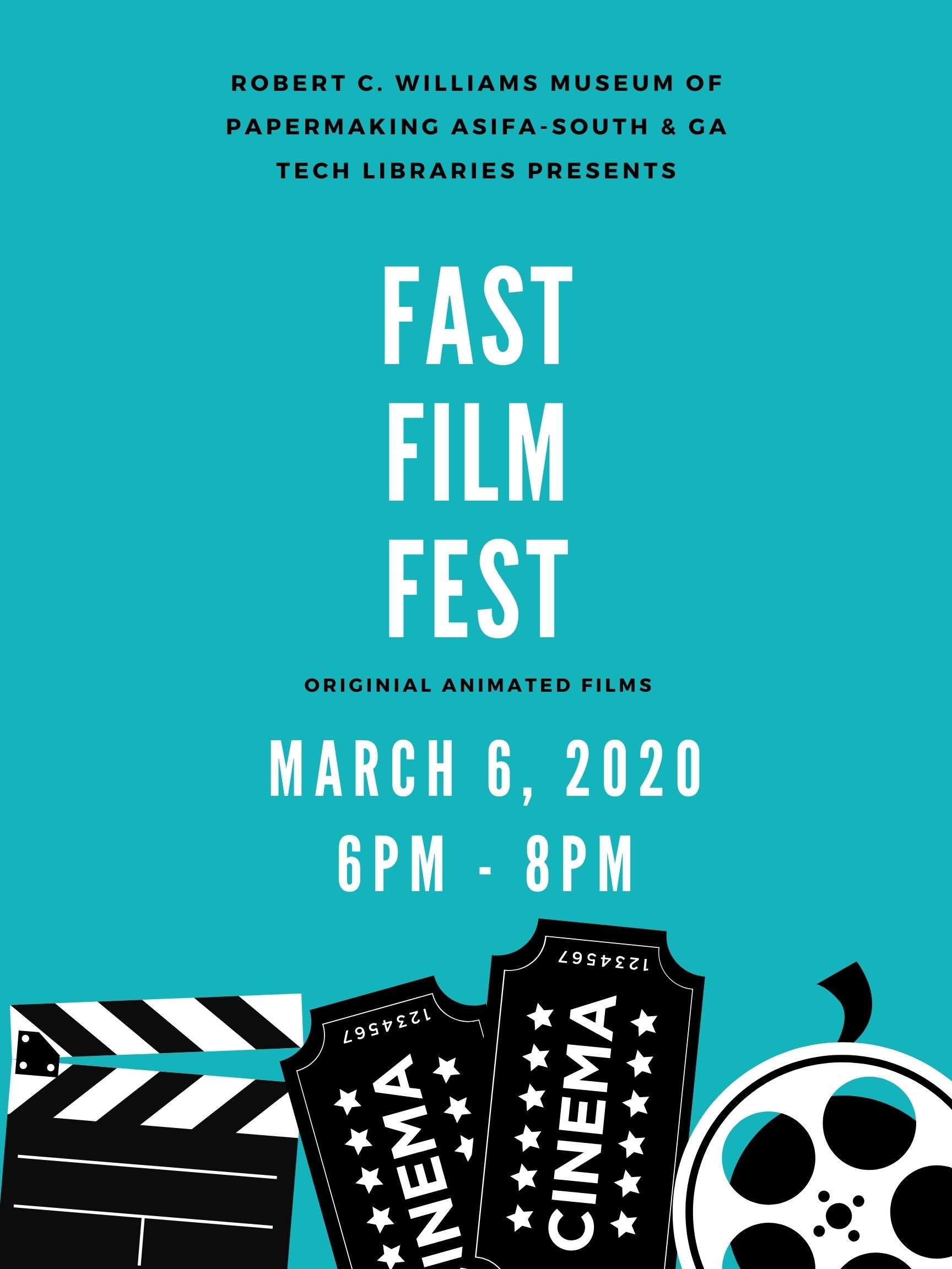 Poster for Fast Film Fest 2020 - turquoise poster with black and white movie tickets and reels at the bottom of the poster edge.
