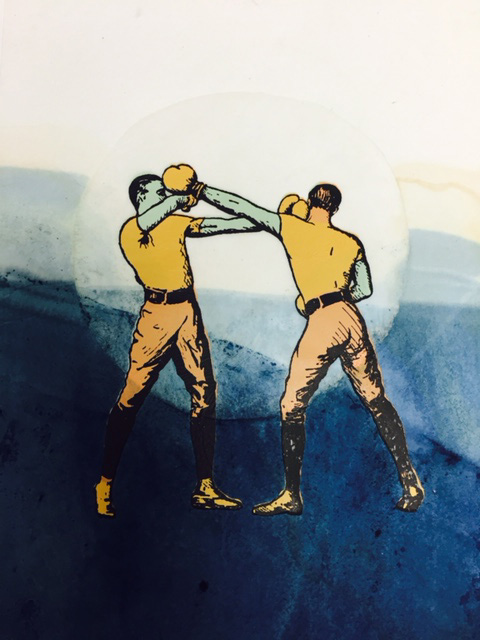 Two 19th century boxers spar toe to toe on a dip dyed indigo background 