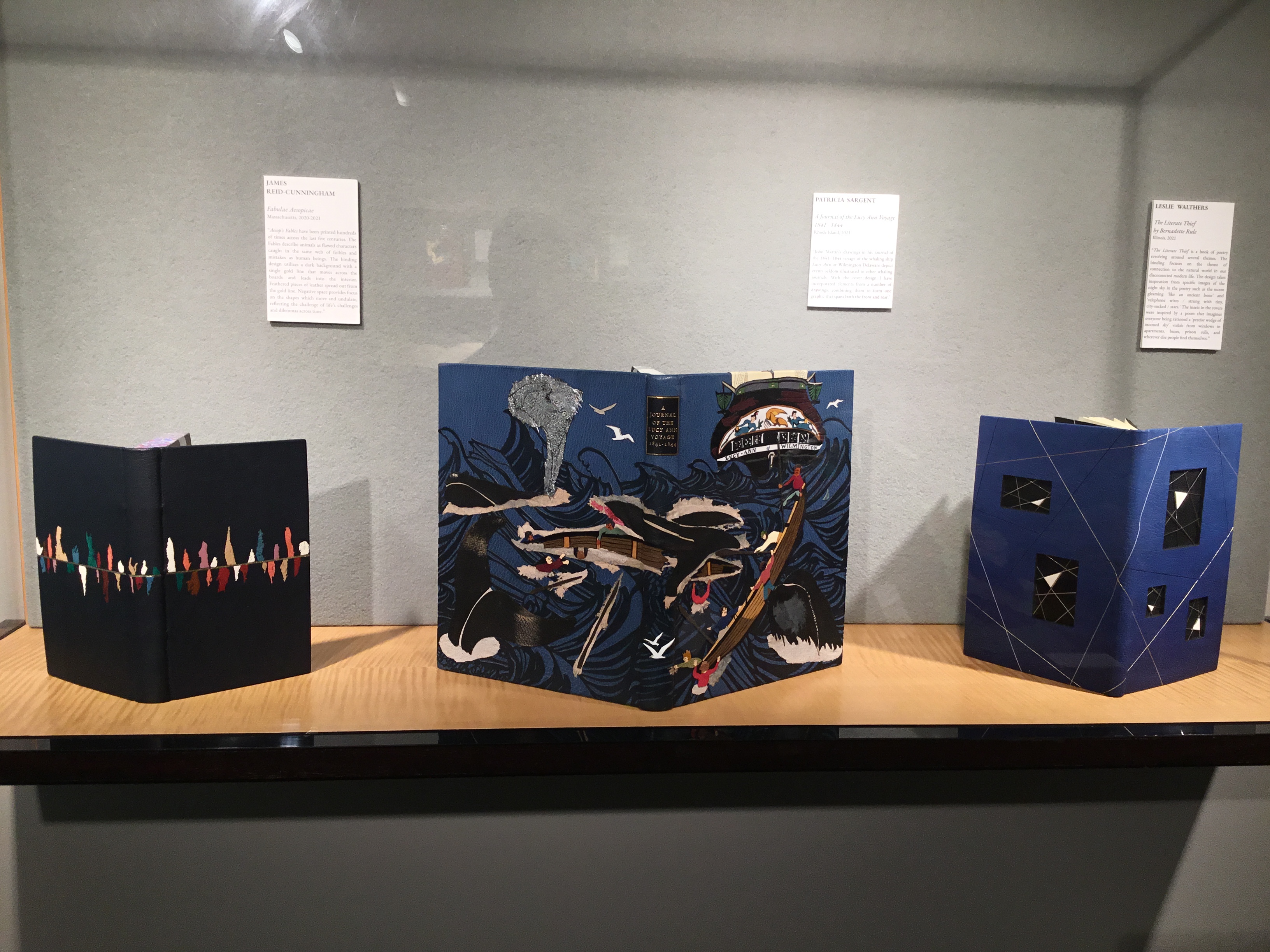 A hanging plexiglass case contains three blue books of various shades, two with fascinating abstract covers and one with a nautical illustration spanning its back, spine, and front.