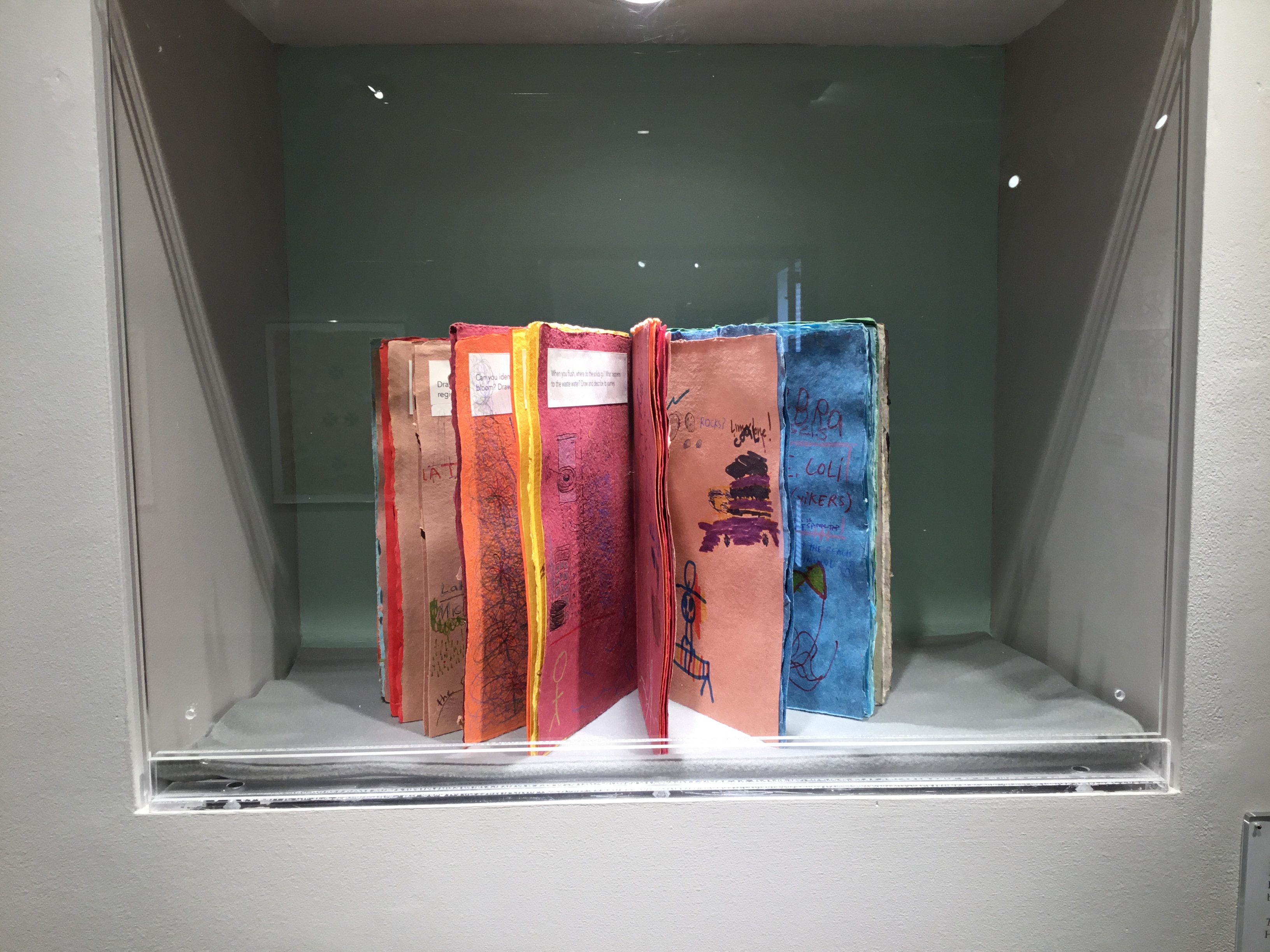 A fanned-open book with homemade, multicolor paper and child-like drawings on each page