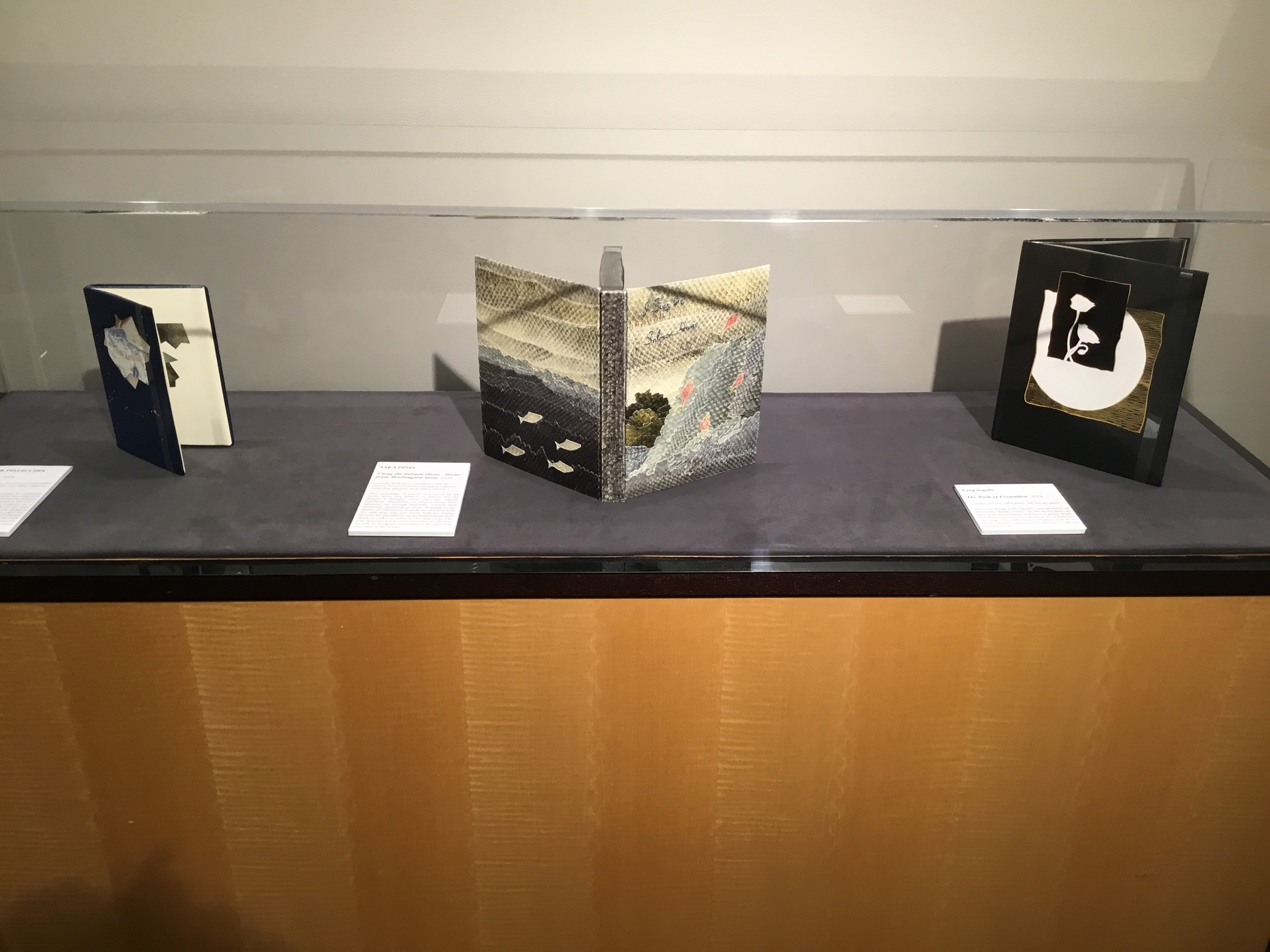 View of a display case in the back gallery containing three art books. From left to right: Jennifer Pellecchia’s Winterreise, a dark blue book with a blue and white angular shape on its front cover; a white interior page with gray geometric design is visible. In the middle is Sara Pines’s I Sing the Salmon Home - Poems from Washington State, a fish-scale textured book open to the show the full cover. The back cover depicts ocean scene with white fish swimming in a deep blue ocean under a gray sky; the front shows pink fish swimming up a light blue waterfall. On the right is the front cover of a black book, Lang Ingalls’s The Book of Penumbra, featuring an inverted silhouette of two flowers, layered over white circle over a gold background. The book is slightly open to reveal black pages.