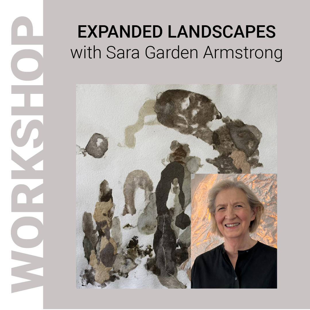 Image of Sara Garden Armstrong's Moraine 7, organic shapes in browns and gray layered on white cotton paper, overlayed with a headshot of the artist.