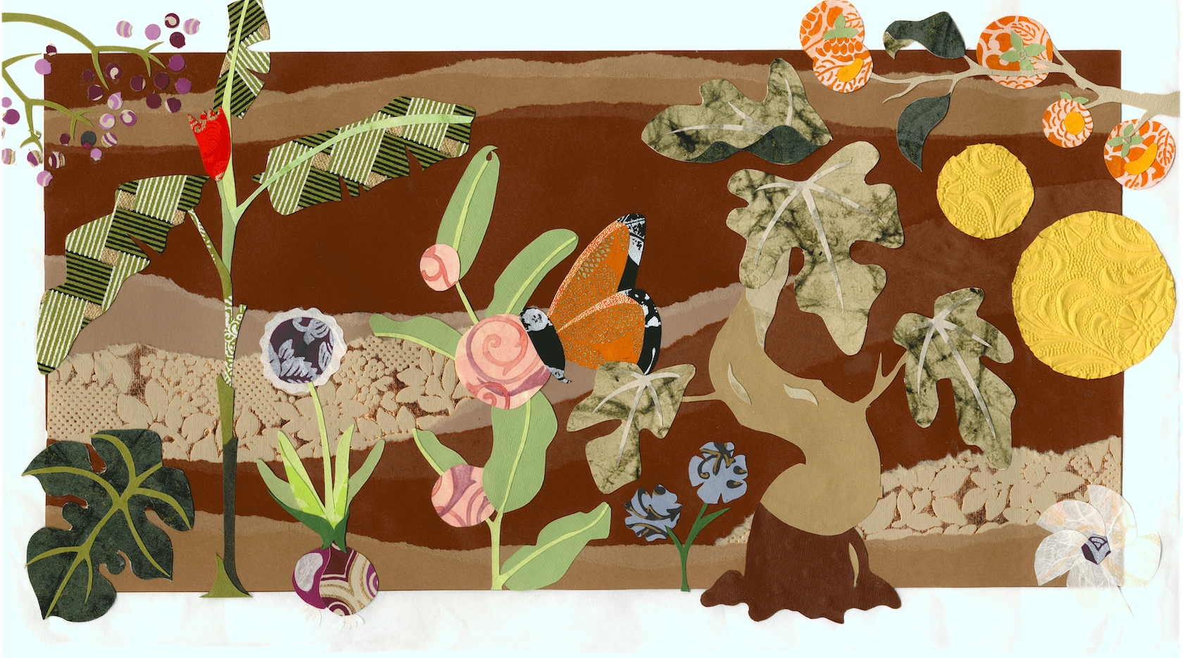 Paper collage featuring a variety of plants including banana, berries, leaves, butterflies and persimmons