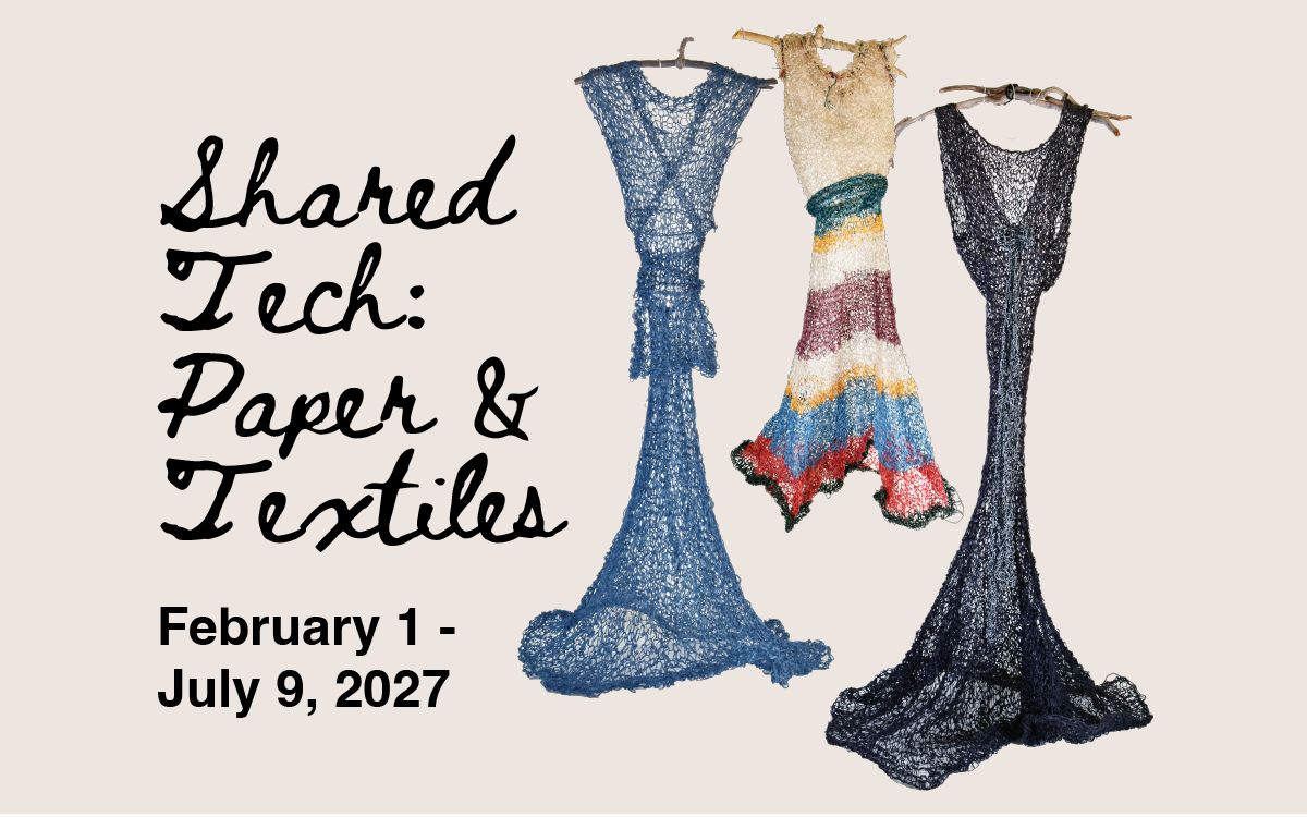 Shared Technologies in cursive script, next to three colorful paper dresses.