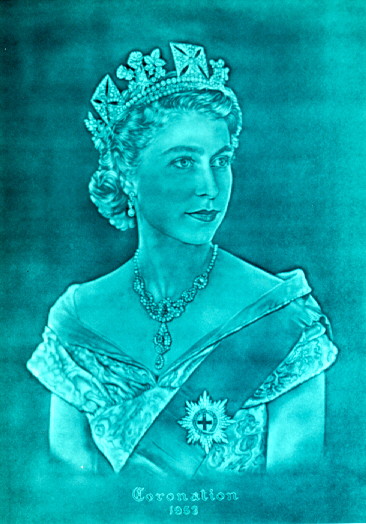 Watermark portrait of Queen Elizabeth II from the time of her coronation in 1953.