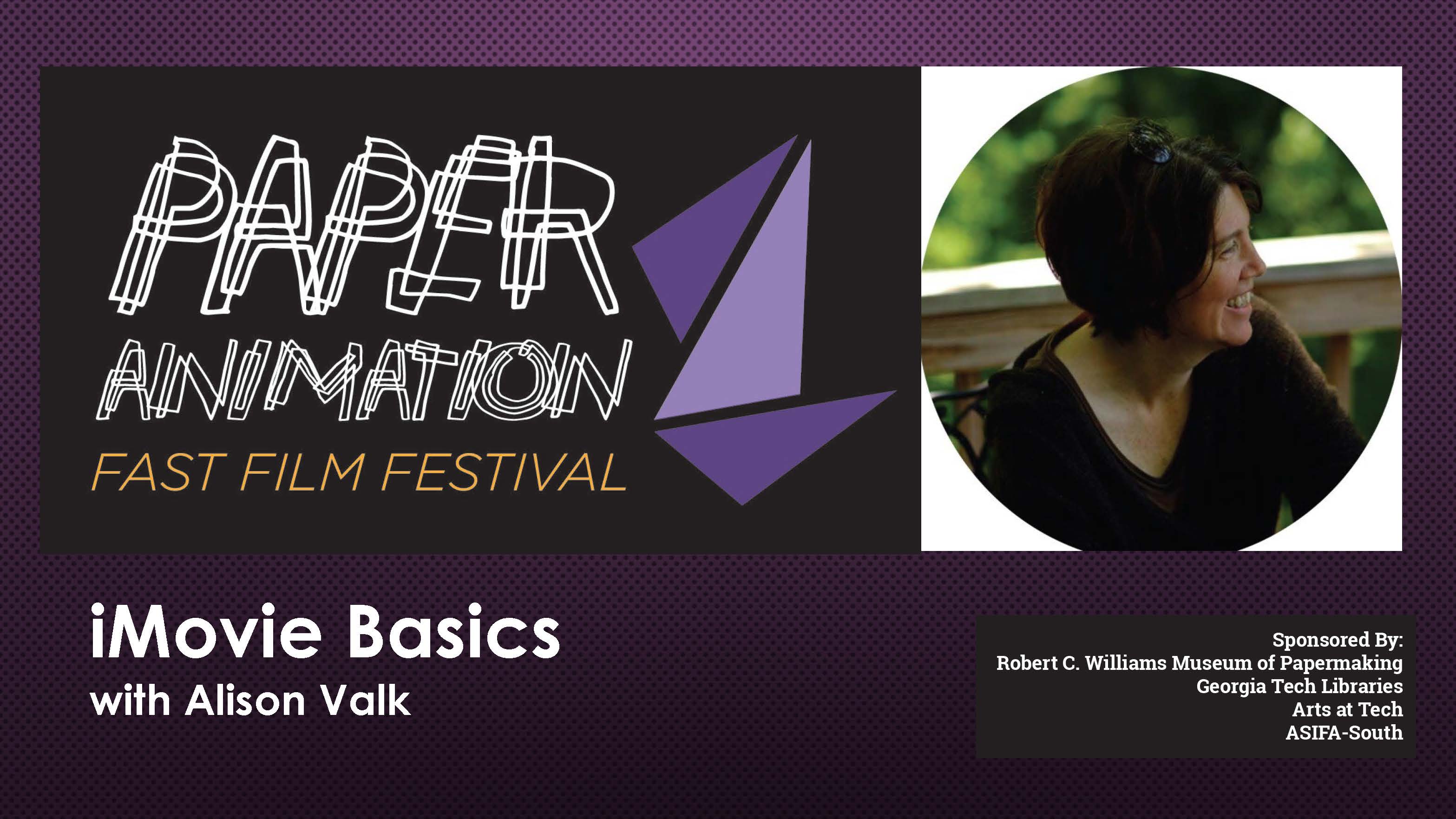 Paper Animation film fest logo written in white text below it, a photo of Alison Valk to the right of the logo with a purple background. Alison is a caucasian with chin length brown hair.