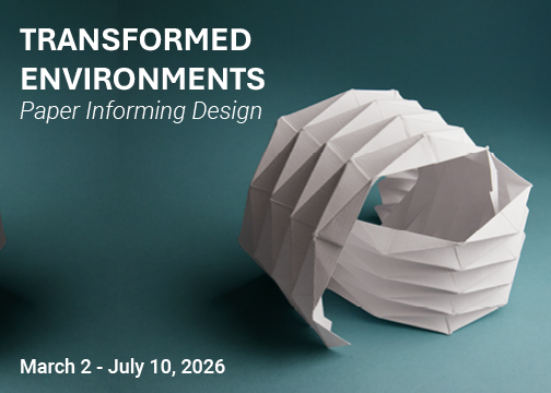 "Transformed Environments" in white text next to two folded interlocking paper sculptures.