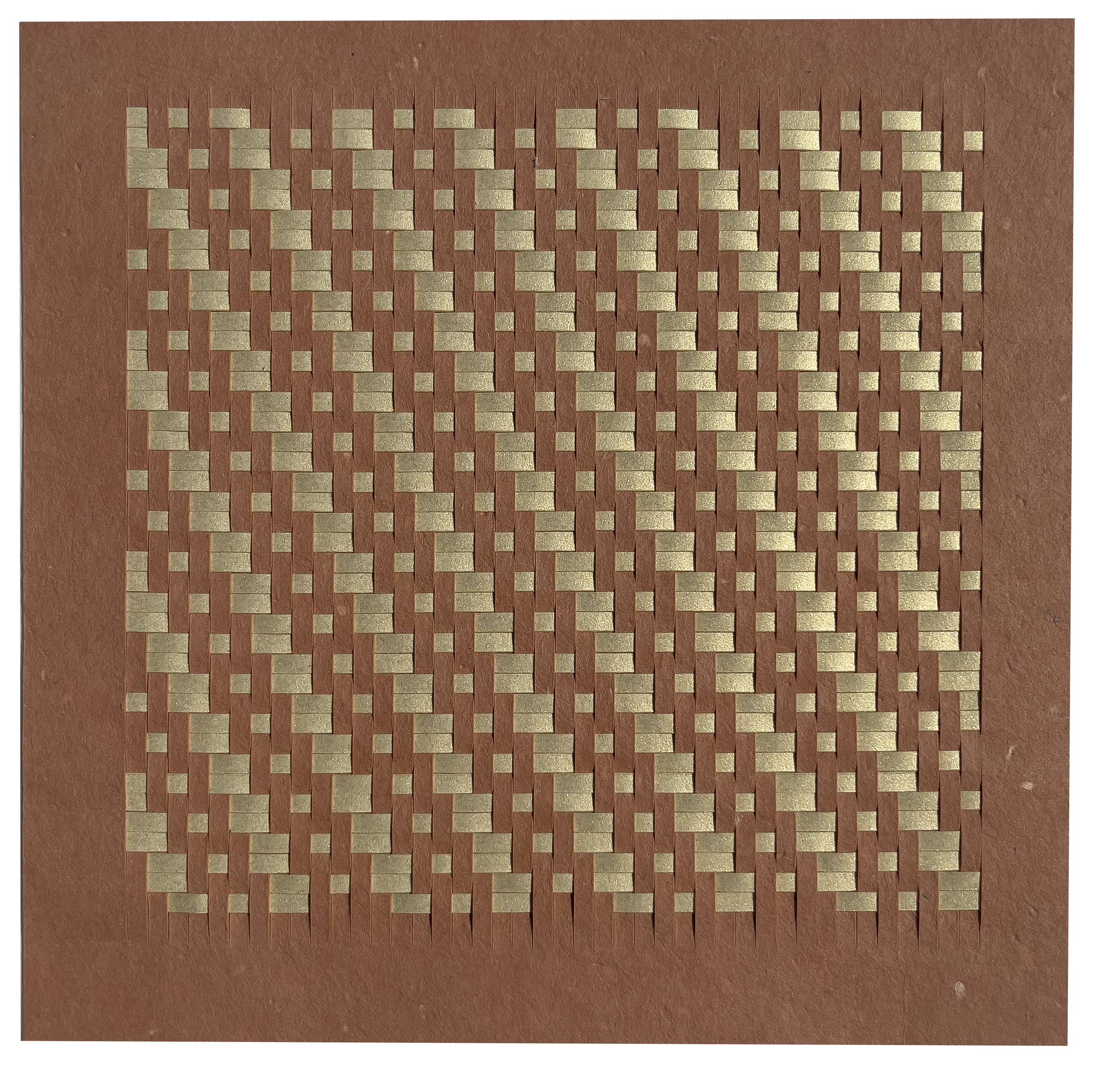 A square, brown and gold paper weaving.