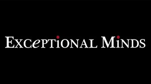 The Exceptional Minds logo is white text on a black background with red dots atop of the I's.
