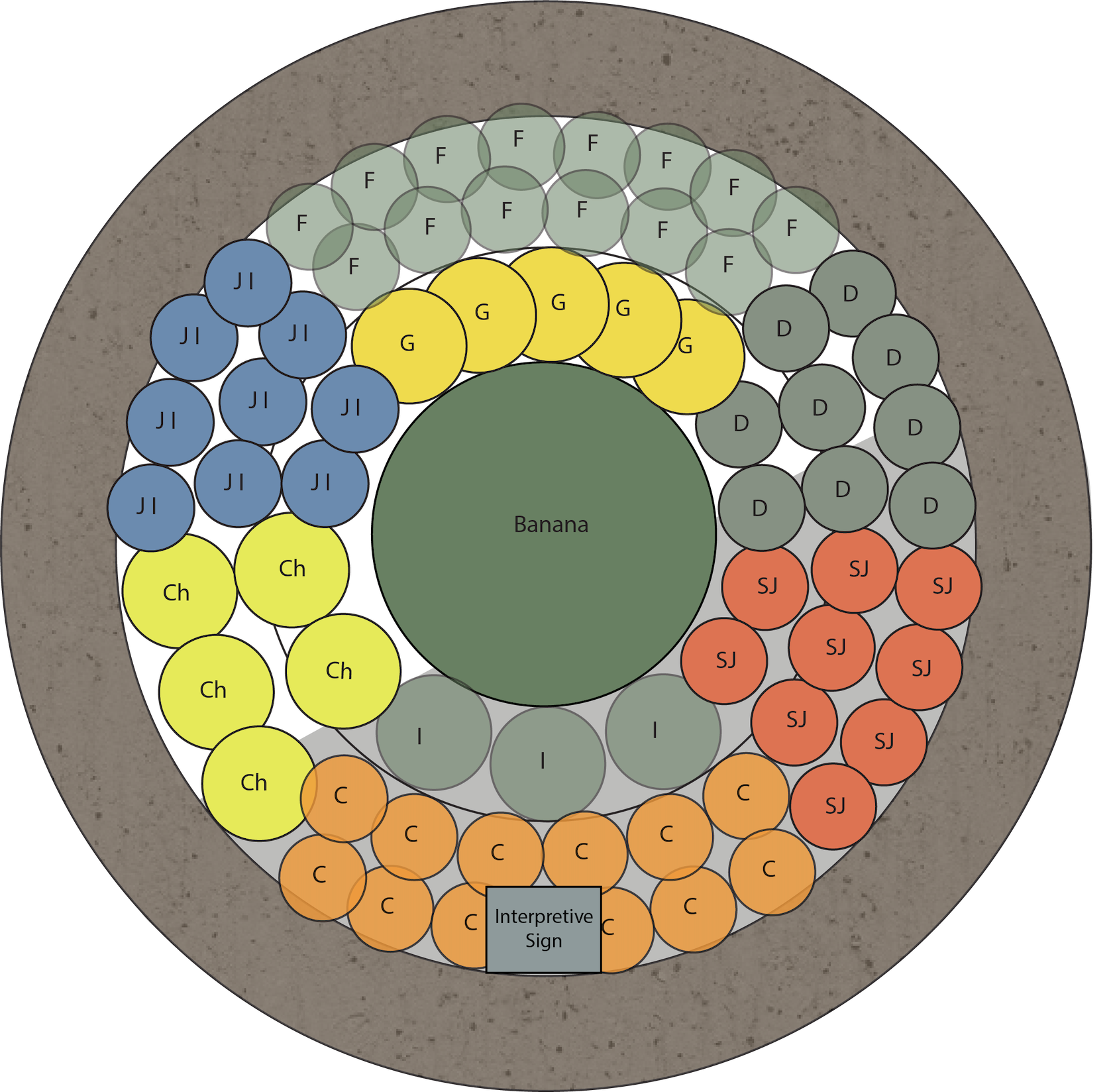 Color coded overhead plan of a circular garden with nine plant clusters.