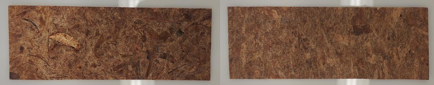 Dark brown, textured, rectangular paper strip, front and back.