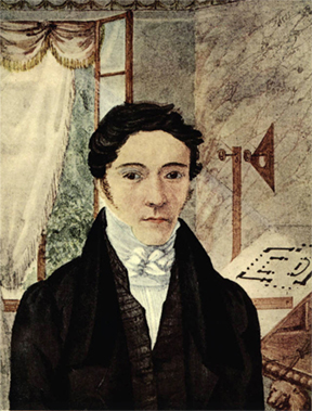 Watercolor portrait of inventor Nicholas-Louis Robert as a young dark haired Frenchman dressed in a dark jacket and a high collard white shirt staring directly at the viewer