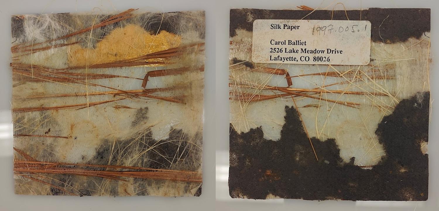 Square, textured paper with large inclusions of straw and other grasses, partial grey backing. Front and back.