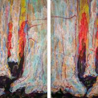 Burgundy contour lines of pulp painting meander across white and gray tree trunks as fiery reds, yellows, deep purples and blacks burn their way into the foreground from behind the forest of trees depicted in this four-panel work of art.  Sky blue, turquoise, and yellow ochre surface from behind the gray, cooling the surface appearance of the pale trees.  Vigorous mark-making with paper-pulp defines the tree trunks and the fiery background which sit in contrast with each other in this piece.