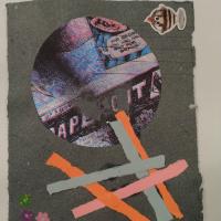 collaged image of comic art, pink/orange/blue strips of paper and flower/ice cream stickers
