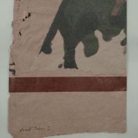 A collage meditation in muted colors; translucent vellum with black, green and brown ink blots beneath adhered to light purple-gray paper with pink flecks and torn edges that is taped shut with brown tape, signed by the artist with the title "And Then I."