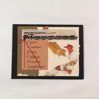 A collaged image of a bar of sheet music, leaves on crème paper, brown torn paper on the lefthand side, and a pale orange square of paper with an acrostic poem that says “Layers Audition Yarns Edifying Random Symphonies”, spelling out “Layers”, and a red thread tied in a bow on top.