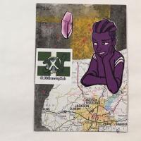 A purple illustration of a young African American man sits atop a torn section of a map depicting Jackson, Mississippi. In the background is a gray and yellow paper with red paint splatters on top, as well as a light purple illustration of a crystal in the top left corner.