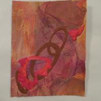  A collage on folded paper.  Ringed cut-out ellipses of glittering golden paint tumble into the lower left corner of the card where they are met by a burning ring of red and orange torn paper.  A shroud of purple tissue paper cools the background which is partially colored with orange pastel.  A small flicker of red appears in the upper middle right like an ear beginning to listen.