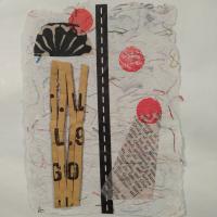 collaged image of cardboard strips, text, black and white striped washi tape, red circles over white abaca paper with colorful threads.