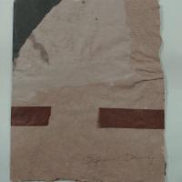 A collage meditation in muted colors; translucent vellum with black, green and brown ink blots beneath adhered to light purple-gray paper with pink flecks and torn edges that is taped shut with brown tape, signed by the artist with the title "And Then I."