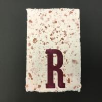 This piece, entitled “R is for Repulp” is a rectangular sheet of light pink handmade paper with raw edges. There are inclusions made from orange-brown colored paper scattered throughout, making the piece look like granite. A large, dark pink “R” was letterpress printed onto the bottom center of the piece.