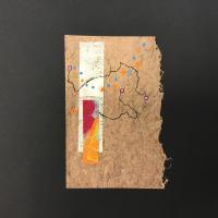 This piece is a rectangular sheet of bronze-brown handmade paper made from daffodil leaf pulp and bronze pigment. On the front left side is a collage made from collagraph print, pulp painting, and lines drawn with paint pen.