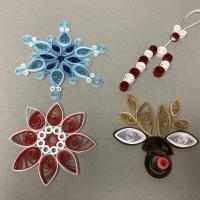  Quilled ornament, blue snowflake, red poinsettia, candy cane, reindeer