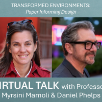 Transformed Environments Virtual Talk in white text over a blue background. Images of Professor Mysrini Mamoli, a woman with shoulder length brown hair wearing a red coat, and Professor Daniel Phelps, a man with short graying hair and a beard, are in the center..  