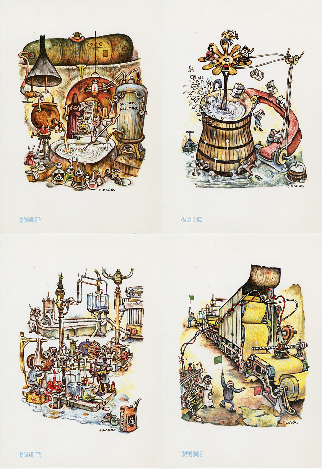 Four prints by Eugène Noack in a two by two grid featuring muted tones and fantastical machinery