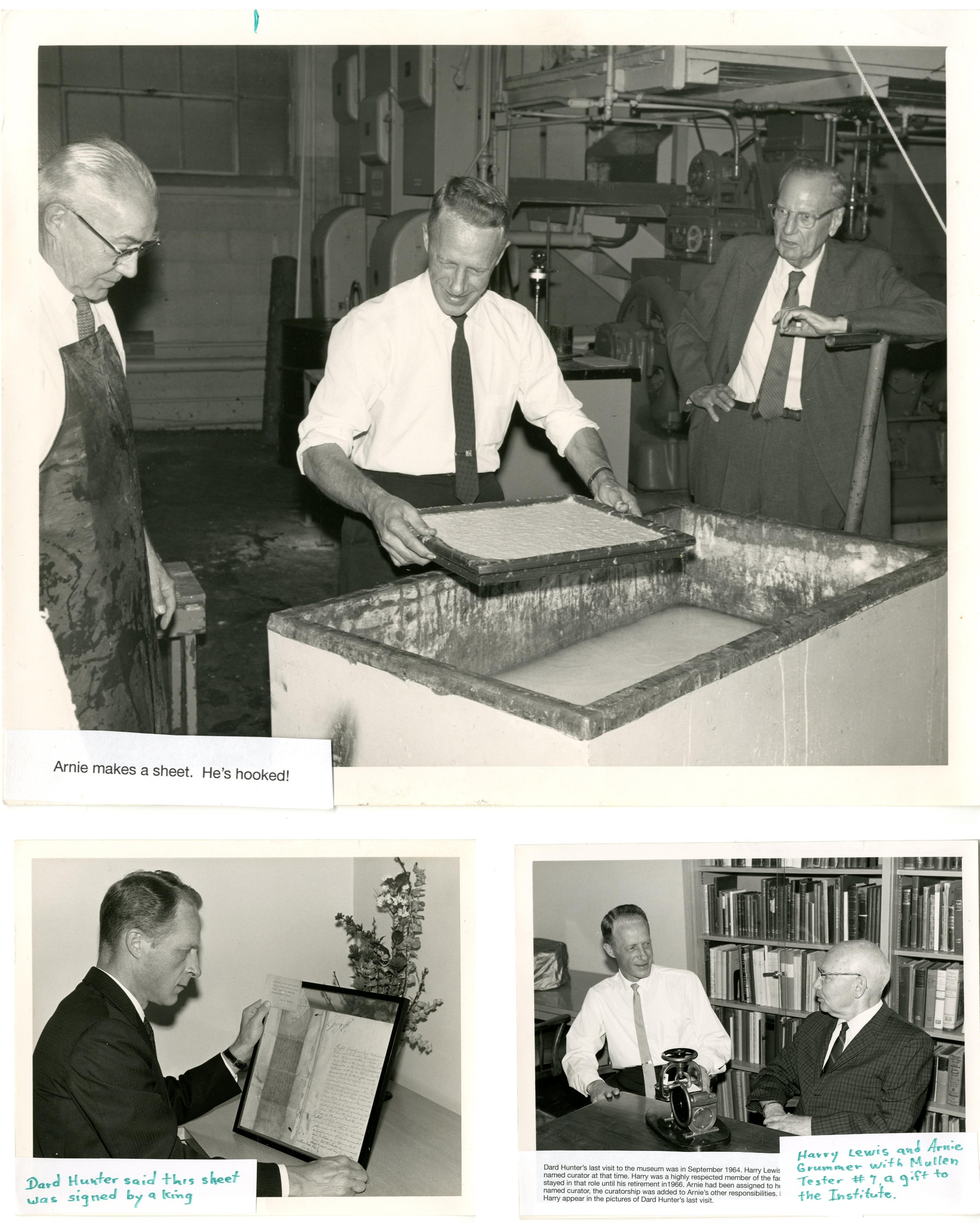 Top: Reproduction photos of AG with Dard Hunter, AG with Harry Lewis. Bottom Left: Pour mold from classroom. Bottom Right: Trash to Treasure Papermaking