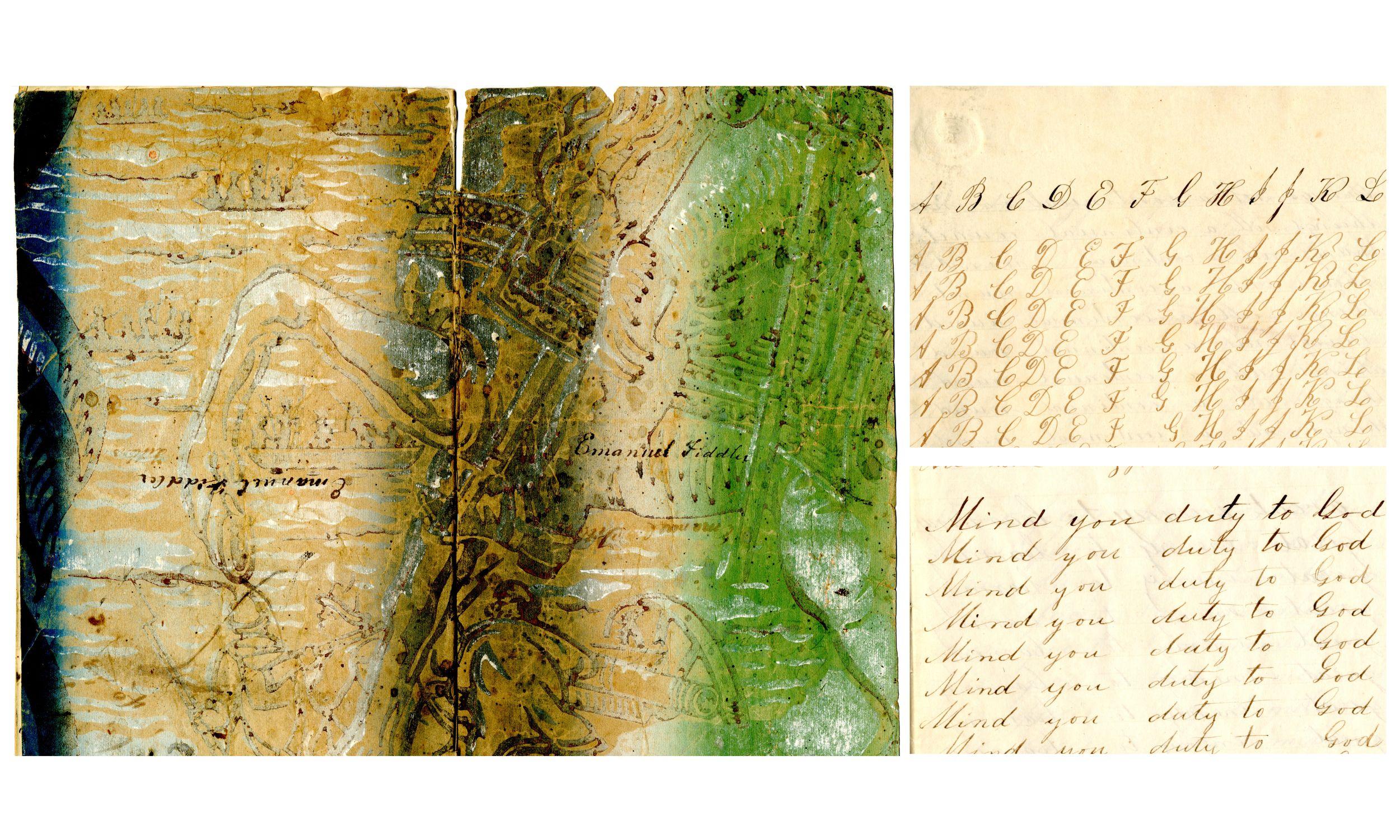 On the left side of the collage there is a page with blue left side with a tan middle with some black intricate line and a green right side. The right side of the collage has a picture of a cursive letters on the top and a picture of ‘Mind your duty to God’ repeated on the bottom. 