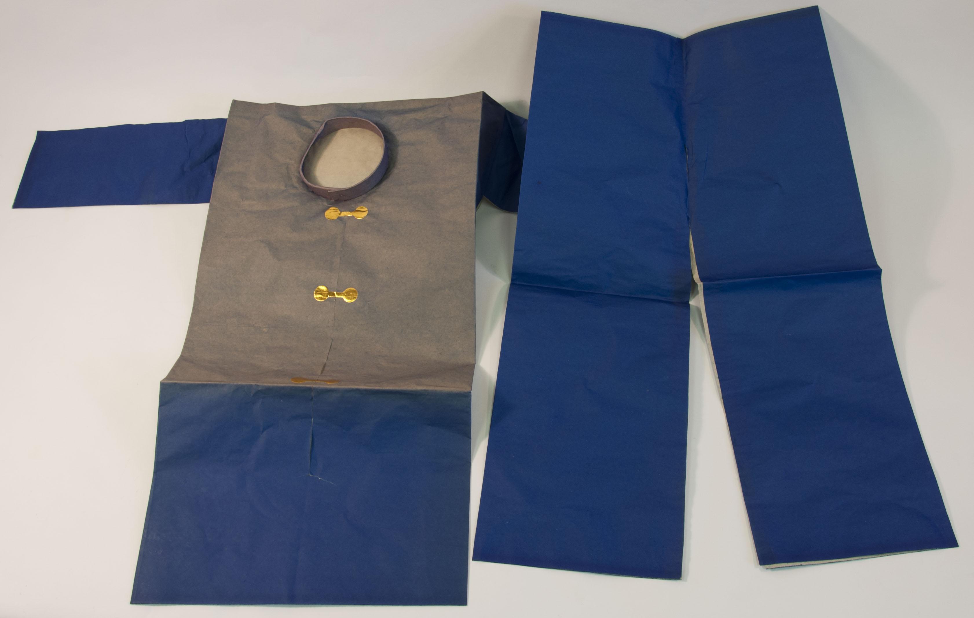 Blue and tan paper robe and pants with gold paper clasps