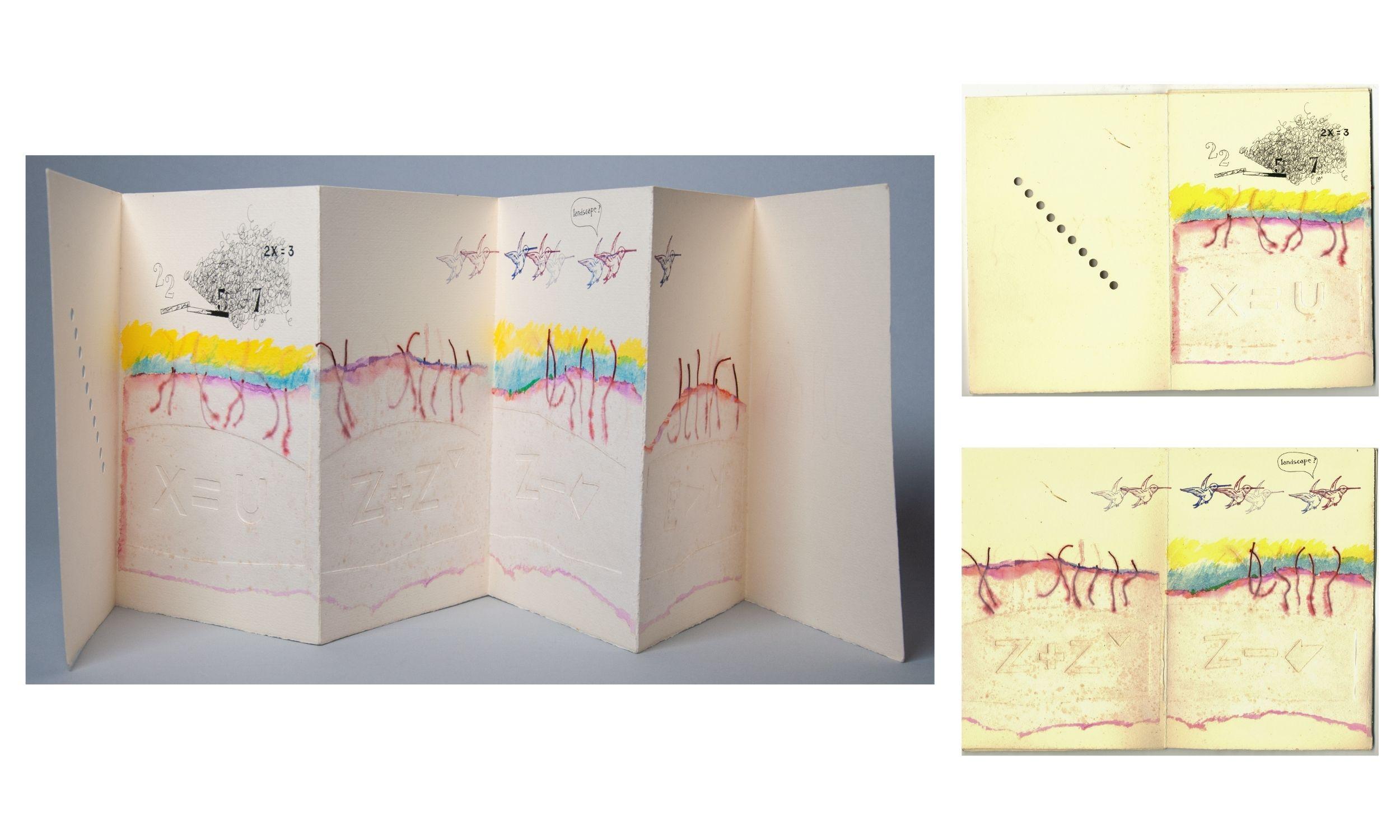 The inside side accordion book is on the left side of the photo and two zoom in pictures of the book’s inner side on the right side of the photo. The inside has a band of yellow, pink, and blue across it with black ink on the left side and birds on the right side.  