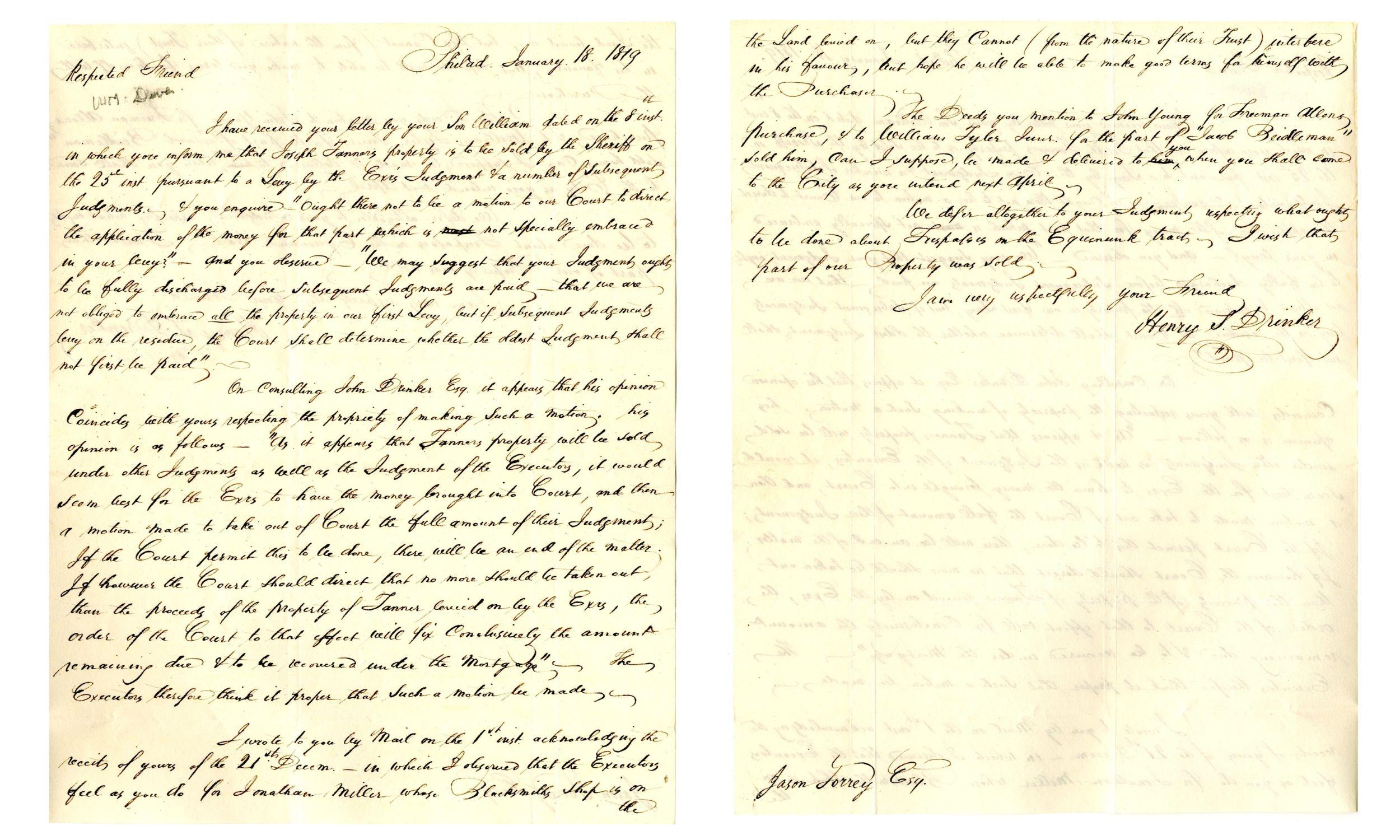 Two pages from Drinker’s letter. The paper is has been tan from age. The date is written on the right top corner of the left paper.