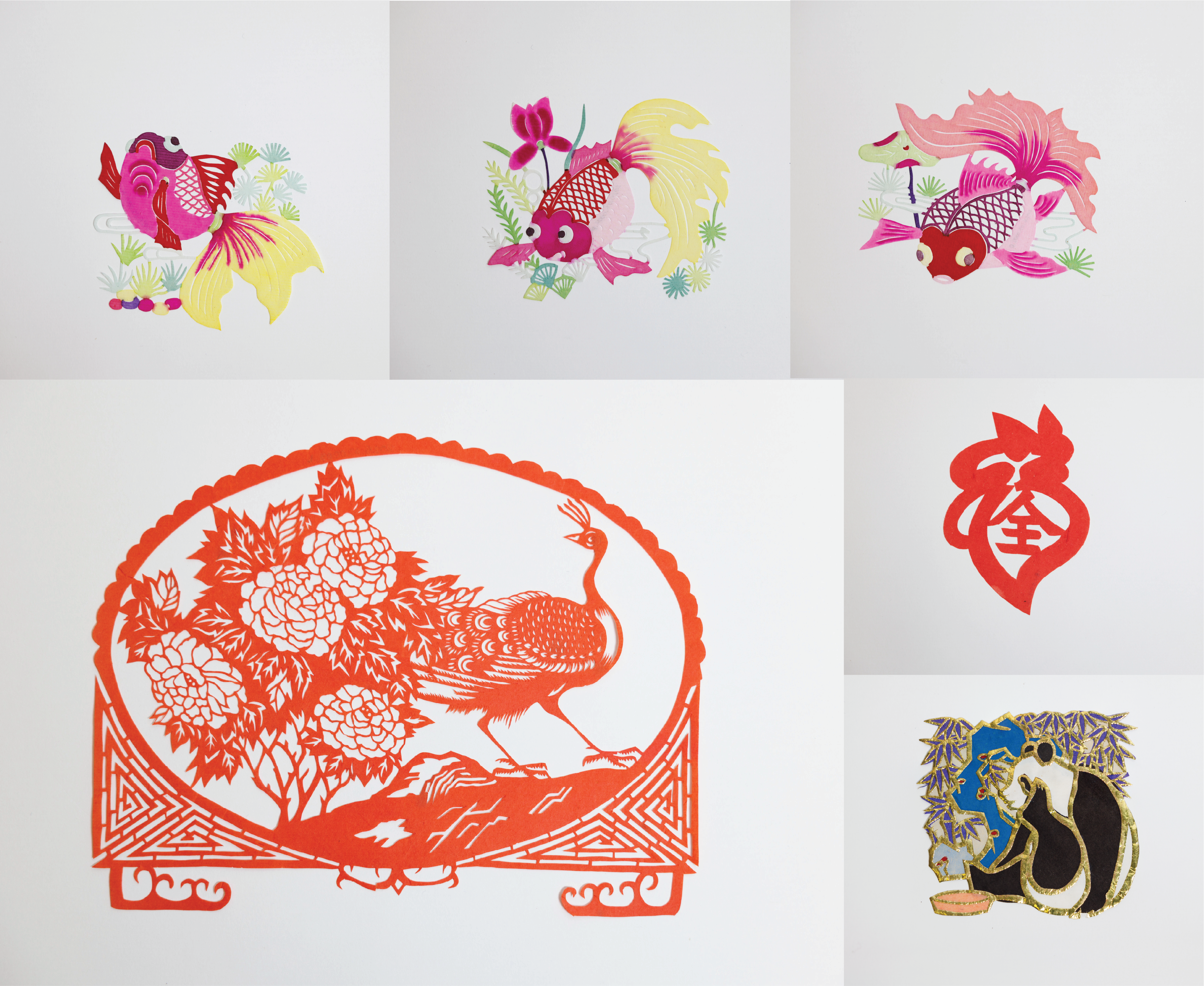 Six Chinese papercut samples arranged in a collage. The top three are swimming goldfish in different poses and are multicolored in purples and yellows. The fourth is a papercut of a peacock standing in front of peonies. The fifth is a red papercut of a peach with a Chinese symbol in it. The sixth papercut shows a panda surrounded by bamboo. It is multicolored and is gilded with decorative gold leaf.