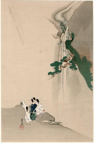 A print of four individuals gazing at a waterfall above them