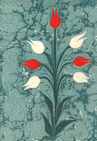 Picture of the ebru (the artifact consists of three red tulips and four white tulips on a single green stem with leaves on a dark blue-green stone patterned background )