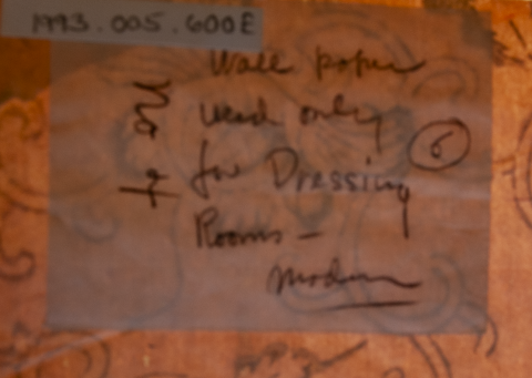 note attached to the reverse that reads “Wall paper used only for Dressing Rooms – Modern No. 4” in English