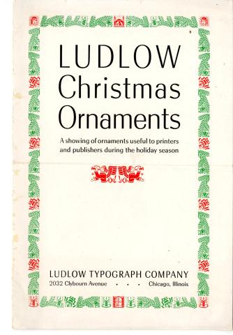Title of the artifact reads "Ludlow Christmas Ornaments" with some sub text. Green rectangular wreath with red images border the page