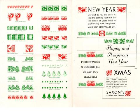 2 inner pages of the booklet featuring red and green prints on the left page and New Years  and Christmas cards on the right page