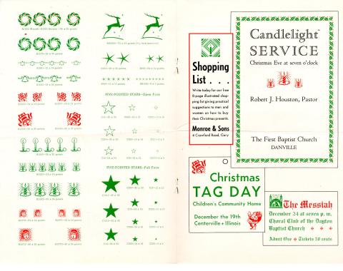 2 inner pages of the booklet featuring red and green illustrations on the left page and typography samples on the right