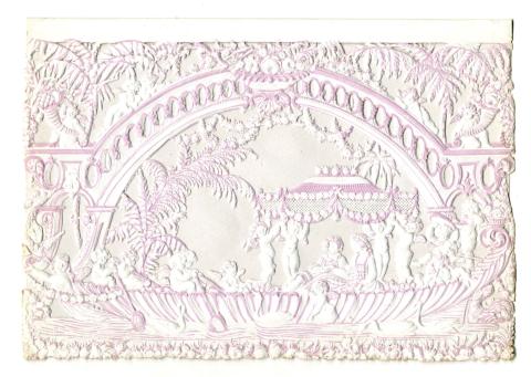 White card with violet outlines featuring cupids holding a roof over two women in lavish greenery 