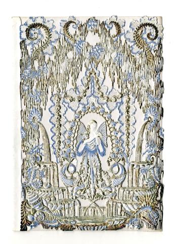 embossed lace paper with angel in the center surrounded by willow leaves and fountains on the side. Blue highlights are featured in the leaves and angel