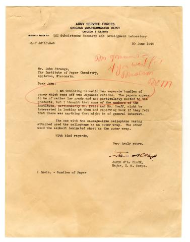 Letter on light tan paper indicating that Major Clark thought the papers to be of interest to the scholars at IP