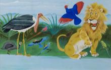 A colorful illustration featuring a lion on the right and a stork on the left