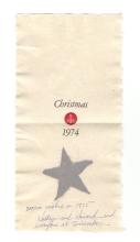 The single folded sheet of handmade paper contains the printed words “Christmas 1974” and the Twinrocker logo as well as a handwritten note in blue ink: “Warm wishes in 1975 Kathryn and Howard and everyone at Twinrocker.” The central figure of the paper is a blue five-pointed star made of paper pulp. 
